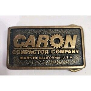 CARON Compactor Co Promo Belt Buckle Modesto CA Solid Brass Vtg